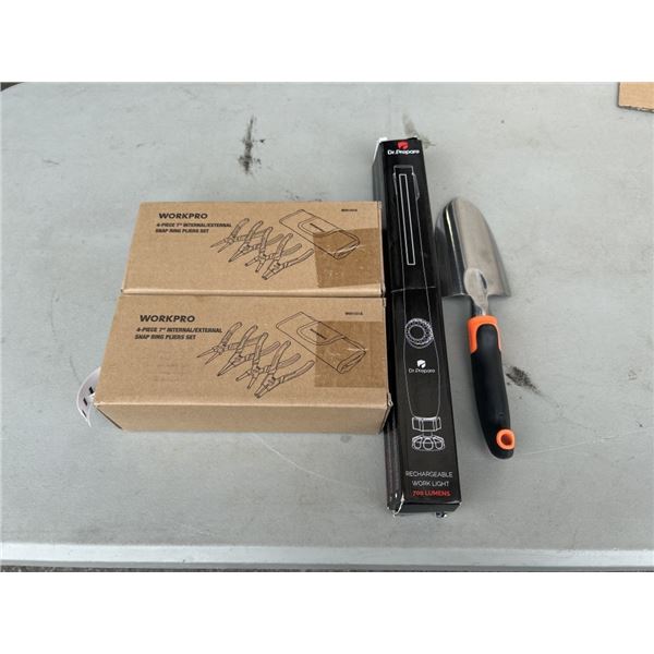2 NEW WORKPRO 4 PIECE 7" INTERNAL/EXTERNAL SNAP RING PLIER SETS, NEW DR. PREPARE RECHARGABLE WORKLIG
