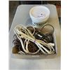 Image 1 : BOX OF EXTENSION CORDS AND TUB OF DRYWALL FILLER