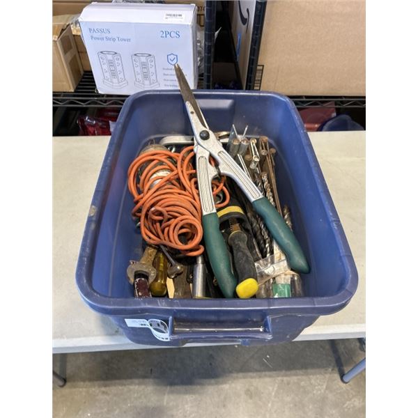 TOTE OF SHEARS, WORK LIGHT, SCREWDRIVERS, DRILL BITS ETC