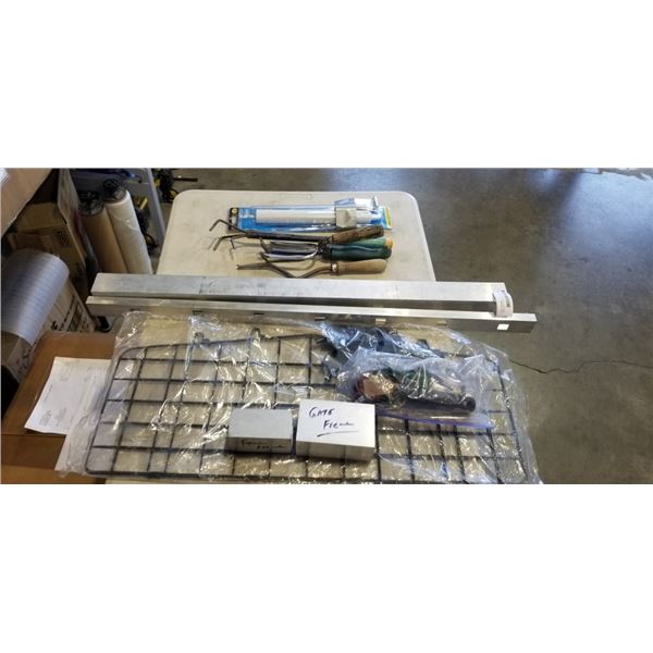 ASSORTED GARDEN TOOLS, ALUMINUM PIECES, PET CAGE FOR CAR, ETC