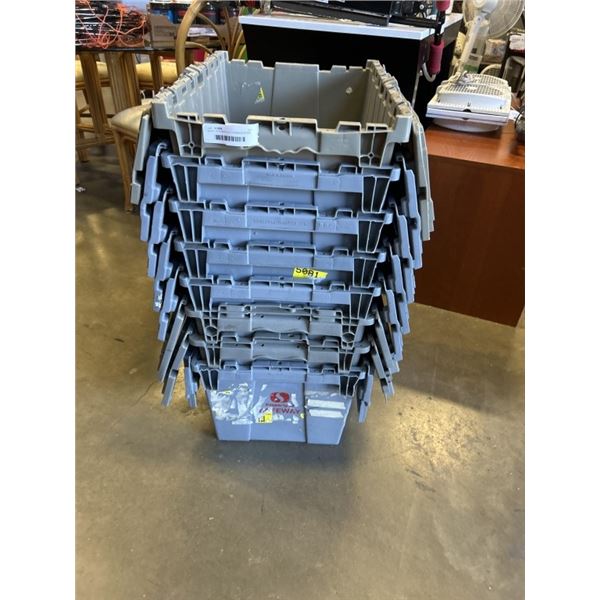 STACK OF 8 HEAVY DUTY STORAGE TOTES WITH BUILT IN LIDS
