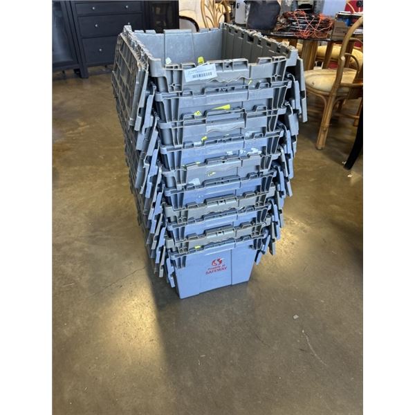 STACK OF 10 HEAVY DUTY STORAGE TOTES WITH BUILT IN LIDS