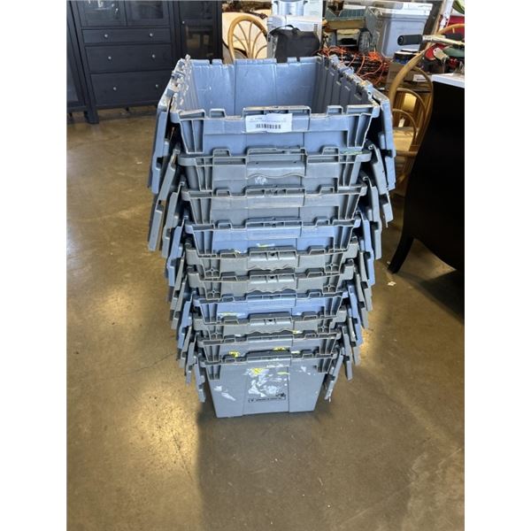 STACK OF 10 HEAVY DUTY STORAGE TOTES WITH BUILT IN LIDS
