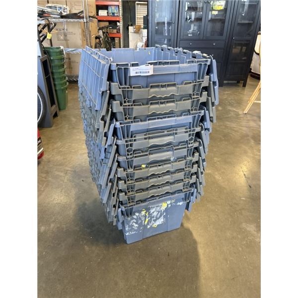 STACK OF 10 HEAVY DUTY STORAGE TOTES WITH BUILT IN LIDS