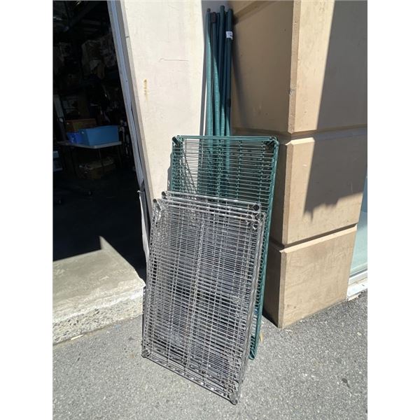 WIRE METAL RACKING, 3 GREEN AND 3 CHROME SHELVES AND SET OF GREEN POLES