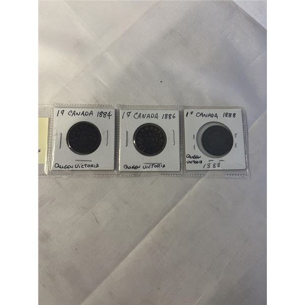 3 CANADIAN LARGE CENTS QUEEN VICTORIA LOW MINTAGE 11884, 1886, 1888