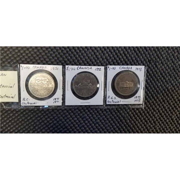 3 CANADIAN DOLLARS 1971 BC CENTENNIAL, 1972, 1973 PEI CENTENNIAL