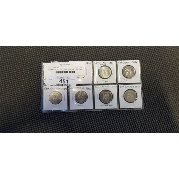 7 CANADIAN 50 CENT COINS 1979, 1982, 1984, 1985, 1986, 1987, 1988