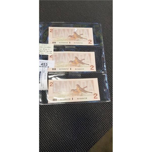 3 MINT 1986 CANADIAN $2 BILLS IN SEQUENCE, LAST ISSUES