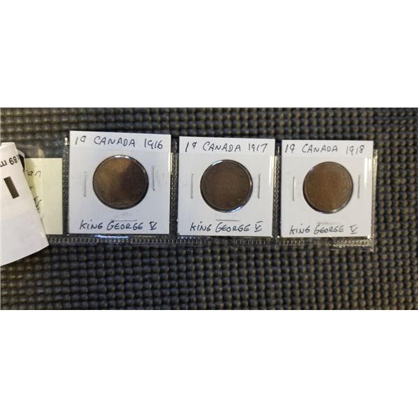 3 CANADIAN LARGE CENTS KING GEORGE V 1916 1917, 1918