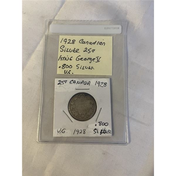 1928 CANADIAN SILVER 25 CENT KING GEORGE V .925 SILVER
