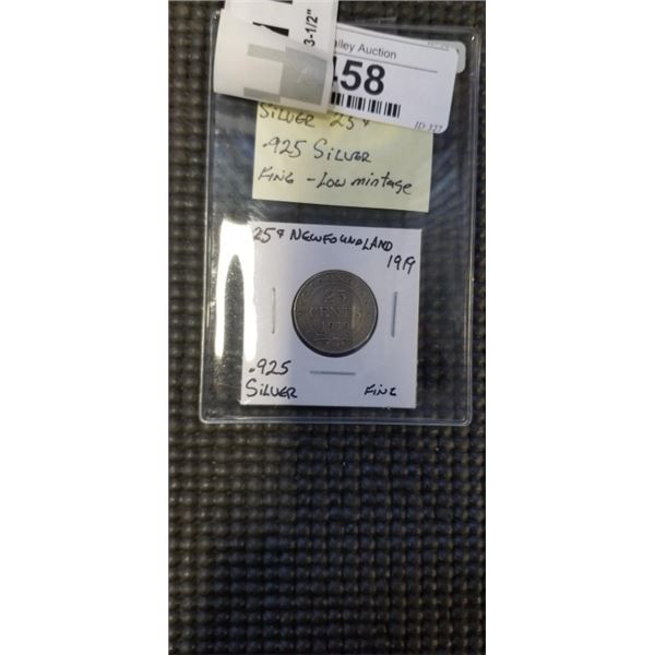 1919 RARE NEWFOUNDLAND SILVER 25 CENT .925 SILVER FINE-LOW MINTAGE