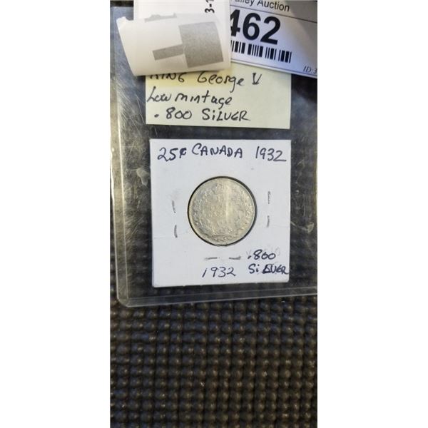 1932 CANADIAN SILVER 25 CENT KING GEORGE V LOW MINTAGE .800 SILVER