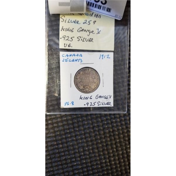 1912 CANADIAN SILVER 25 CENT KING GEORGE V .925 SILVER