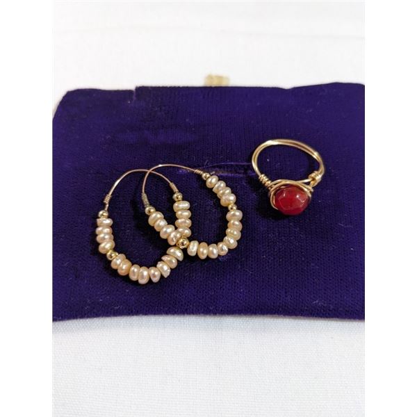 PAIR OF HAND CRAFTED GOLD WIRE W/ REAL PEARLS EARRINGS AND RUBY RING