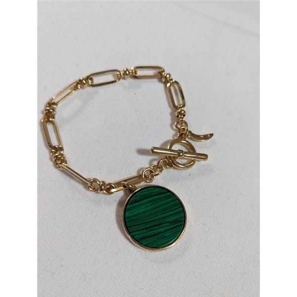GOLD TONE W/ MALACHITE STONE PENDANT LINKS BRACELET
