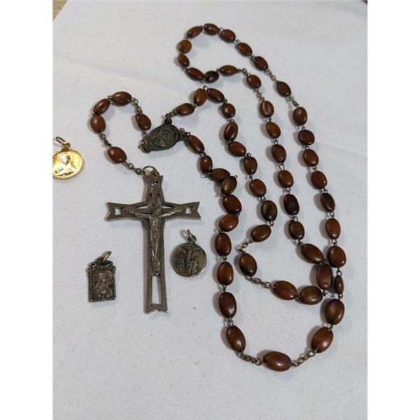 ANTIQUE ROSARY W/ CRUCIFIX CROSS, ITALY AND 3 PENDANTS