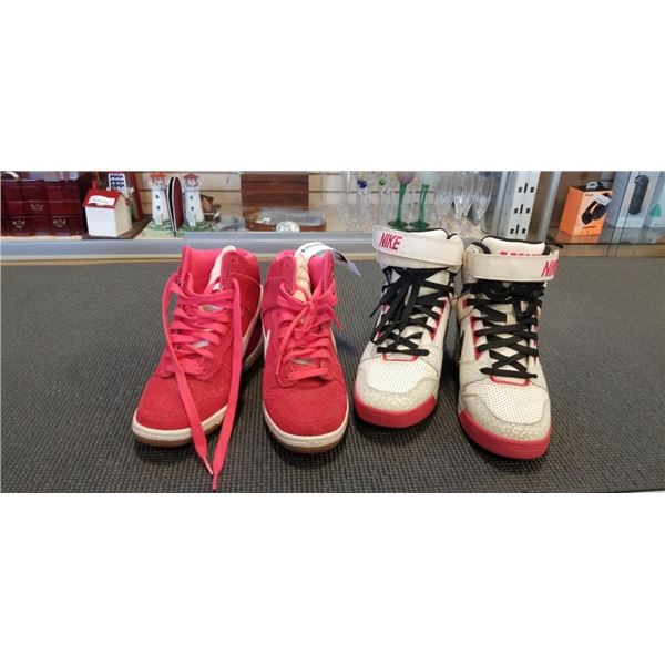 2 PAIR OF NIKE LADIES HIGH HEEL RUNNERS, SIZE 7, NIKE AIR AND AIR JORDAN