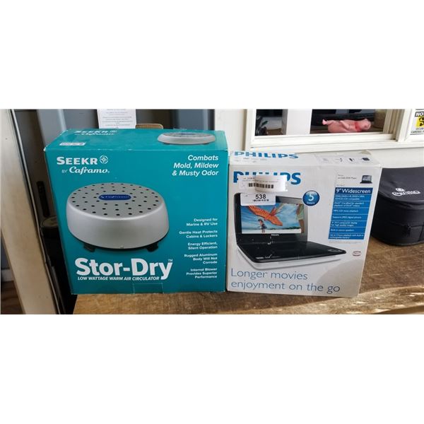 SEEKR BY CAFRAMO STOR-DRY WARM AIR CIRCULATOR AND PHILIPS 9" WIDESCREEN PORTABLE DVD PLAYER