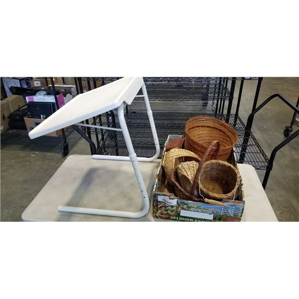 TRAY OF WICKER BASKETS AND TABLEMATE FOLDING TABLE