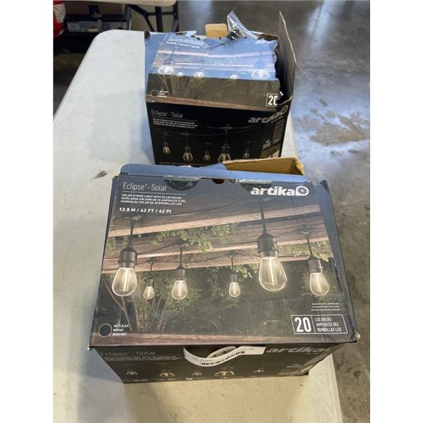 2 SETS OPEN BOX RETURN ARTIKA ECLIPSE SOLAR STRING LIGHTS WITH 20 LED BULBS, REMOTE, EACH IS 42FT LO