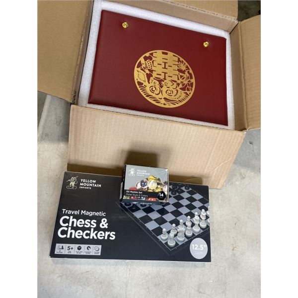 AS NEW YELLOW MOUNTAIN CASED MAHJONG SET AND ASSORTED YELLOW MOUNTAIN GAMES