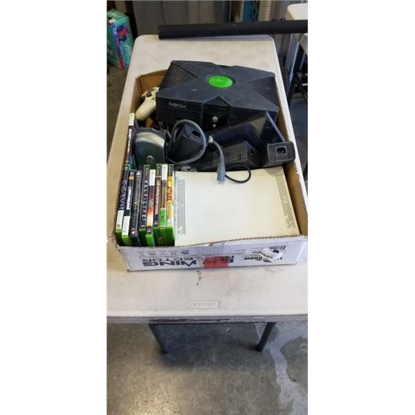 2 XBOX 360, 1 XBOX, ASSORTED GAMES A ND CONTROLLERS