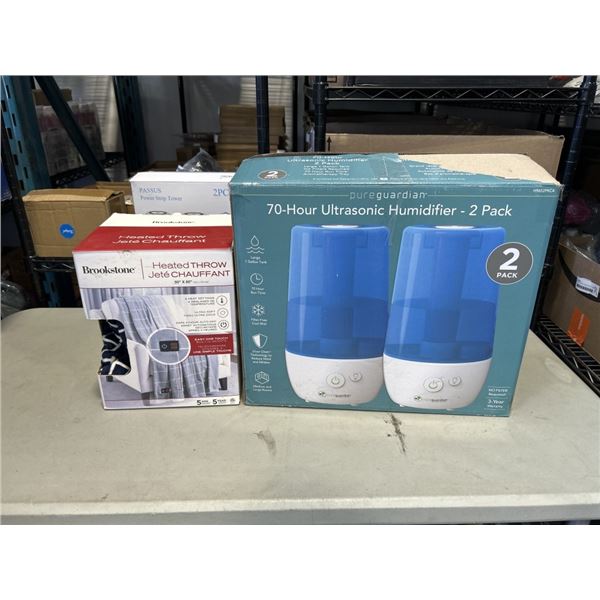BROOKSTONE HEATED THROW BLANKET AND 2 PACK ULTRA SONIC HUMIDIFER