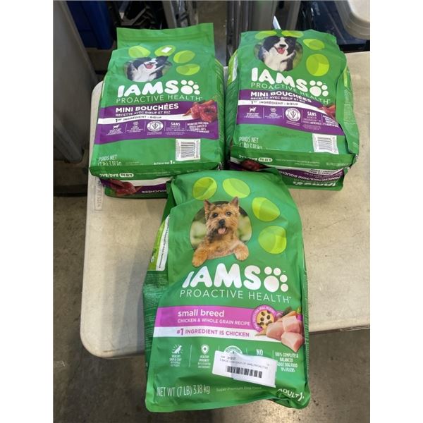 3 BAGS 3.18KG EACH OF IAMS PROACTIVE HEALTH SMALL BREED DOG FOOD, B/B JULY 2027