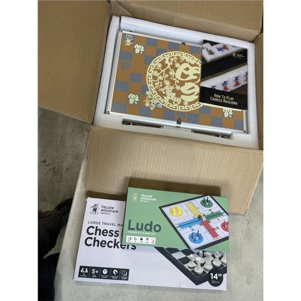 AS NEW YELLOW MOUNTAIN CASED MAHJONG SET AND ASSORTED YELLOW MOUNTAIN GAMES