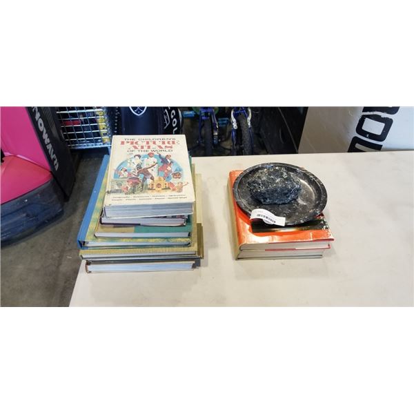 COLLECTION OF VINTAGE HARDCOVER BOOKS AND STONE PLATE, GEODE