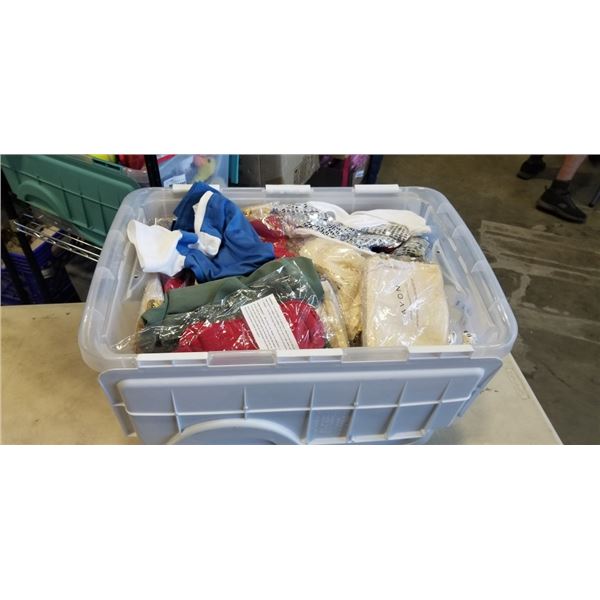 PLASTIC TOTE OF LADIES CLOTHES AND COSMETIC BAGS