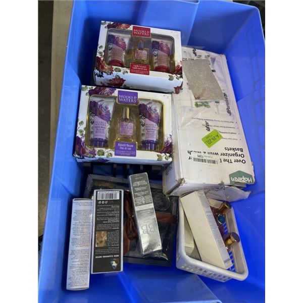 TOTE WITH BODY MIST AND COSMETIC ITEMS, SHOWER CADDY ETC