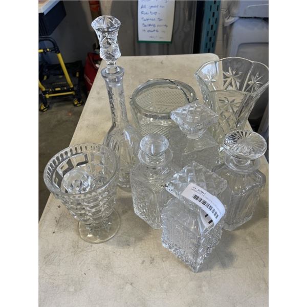 LARGE LOT OF CRYSTALS DECANTORS, VASES, ICE BUCKET