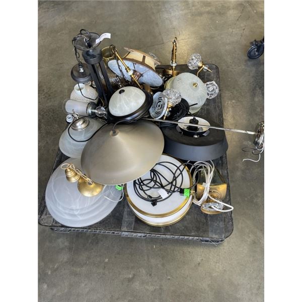 PALLET OF LGITHING AND FIXTURES, SET DEC, MOSTLY ALL WIRED TO PLUG IN