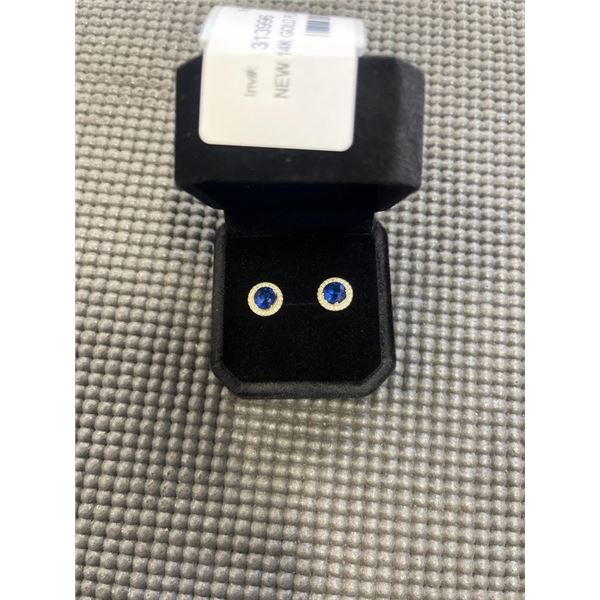 NEW 14K GOLD PLATED 0.6CT EACH SAPPHIRE BLUE SIMULATED DIAMOND (CZ) HALO STUD EARRINGS
