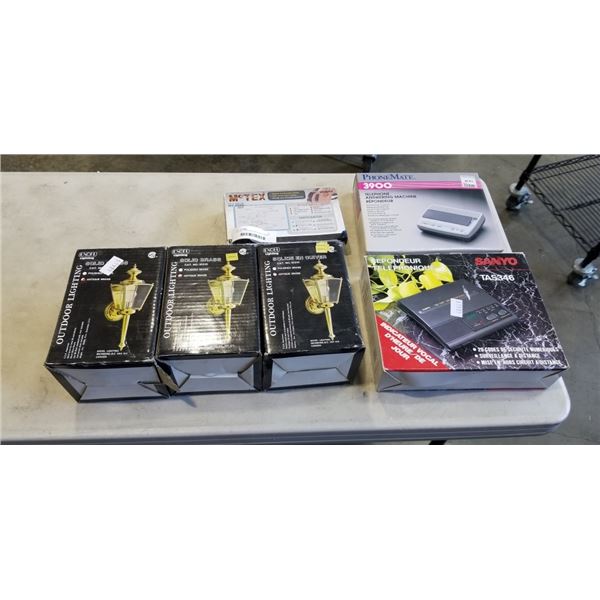 VINTAGE ANSWERING MACHINES, 3 BRASS LEXTERIOR LIGHTS AND PRICE GUN