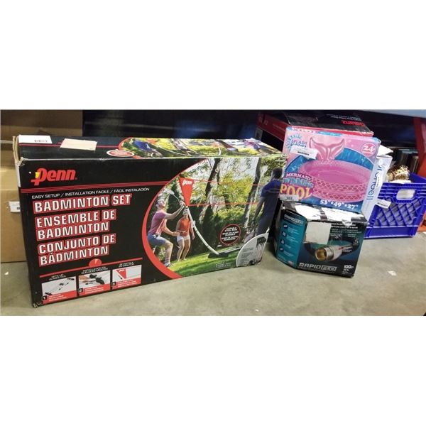 PENN BADMINTON SET RAPID FLO 100FT HOSE AND MERMAID SWIMMING POOL STORE RETURNS