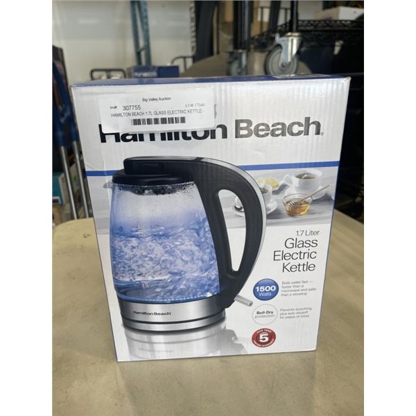 HAMILTON BEACH 1.7L GLASS ELECTRIC KETTLE - TESTED WORKING