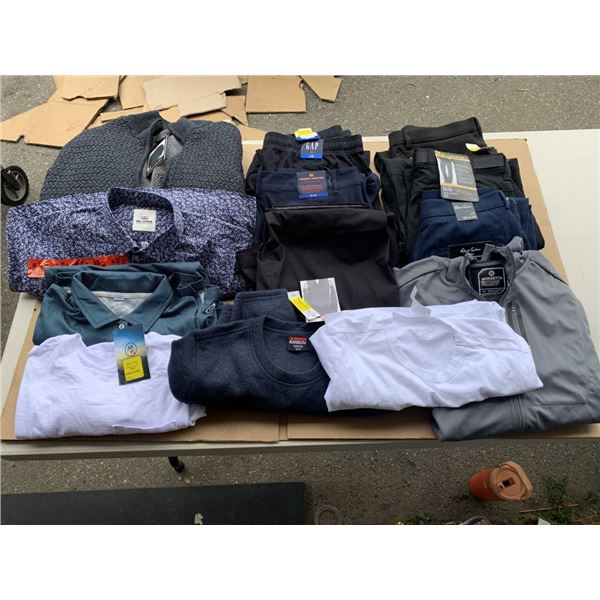 LOT OF MEN'S CLOTHING WITH TAGS SIZE SMALL TO LARGE AND SIZE 30 TO 36 PANTS