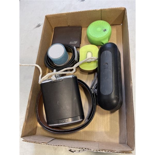 ASSORTED BLUETOOTH SPEAKERS, ONE LOOKS LIKE A FLASK, ONE IS BEATS PILL
