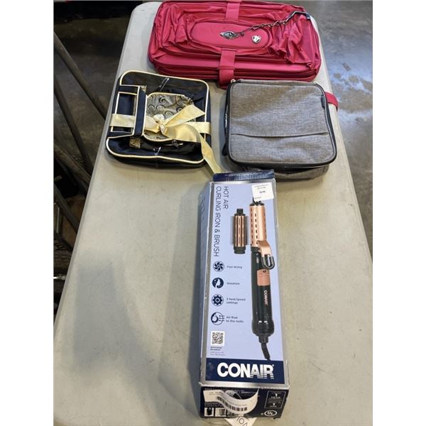 HEYS ORGANIZER, 2 HAND BAGS AND CONAIR CURLING IRON AND BRUSH