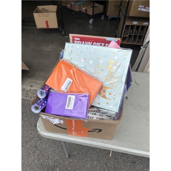 ASSORTED AMAZON OVERSTOCK PARTY SUPPLIES, WRAPPING AND BOXES, GIFT BAGS ETC