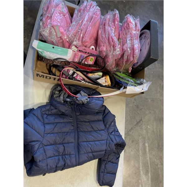 TRAY WITH 4 DOG HARNESS, KIDS STORMTECH JACKET, CLOCK