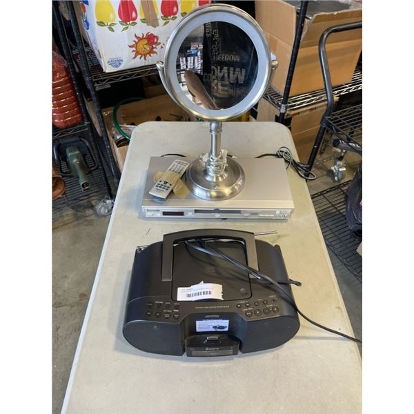 DVD PLAYER, VANITY MIRROR, AND IPOD DOCK BOOMBOX