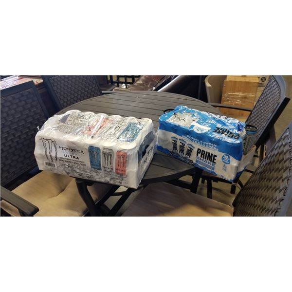 PARTIAL FLAT OF MONSTER ENBERGY DRINKS AND CASE OF PRIME COOKIES AND CREAM MILKSHAKE, EXP 2027