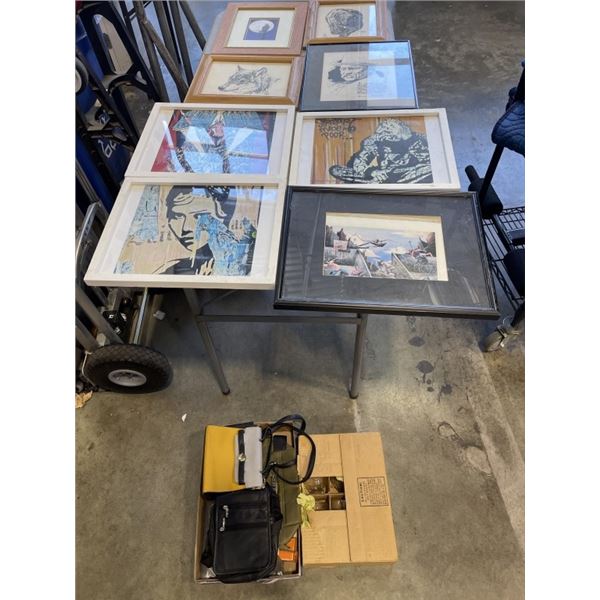 TRAY OF PURSES, CRYSTAL GLASSES AND ASSORTED SMALL ARTWORKS