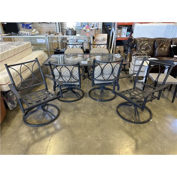 GLASSTOP PATIO TABLE WITH 6 SWIVEL CHAIRS AND 4 CUSHIONS