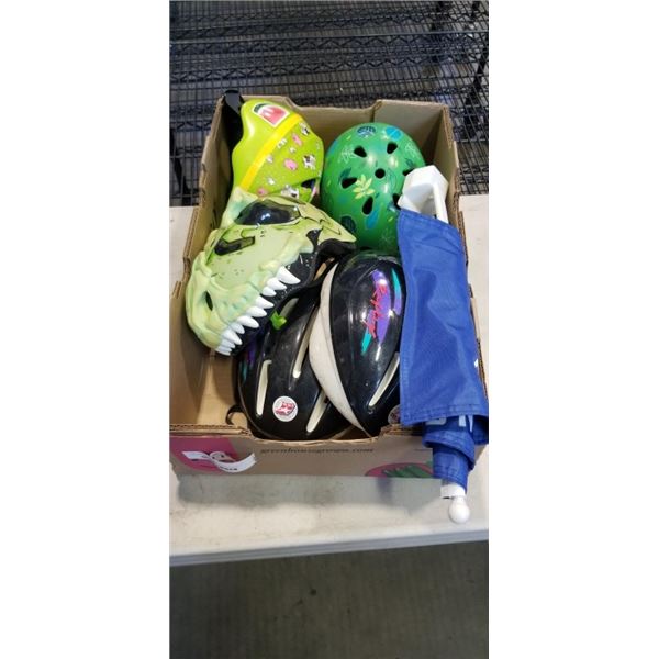 5 KIDS BICYCLE HELMETS AND CANUCKS FLAG