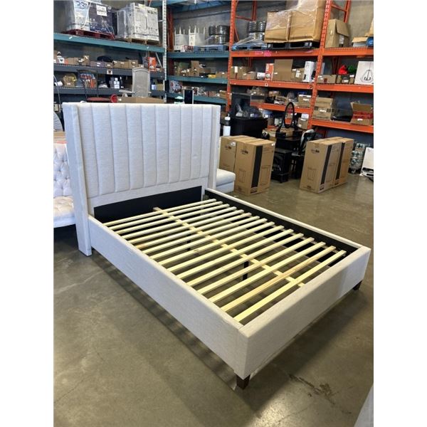 MODERN FABRIC QUEENSIZE PLATFORM BEDFRAME, GOOD CONDITION